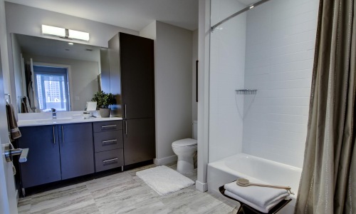 a bathroom with a shower/tub combo