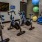 workout studio with spin cycles and medicine balls