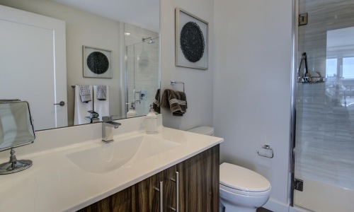 a bathroom with a large mirror
